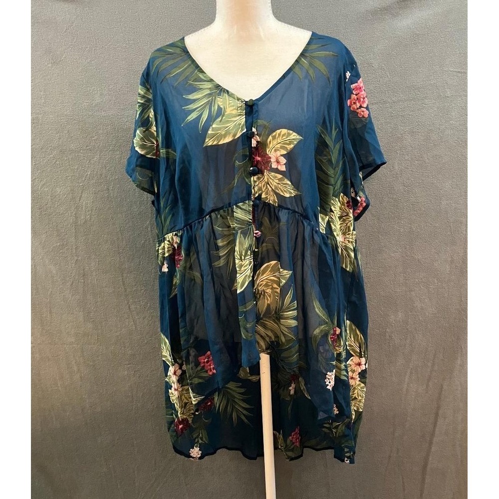 Torrid Hi-Lo Top Tropical Floral Chiffon Button Front Teal Blue Resort Wear 2X‎